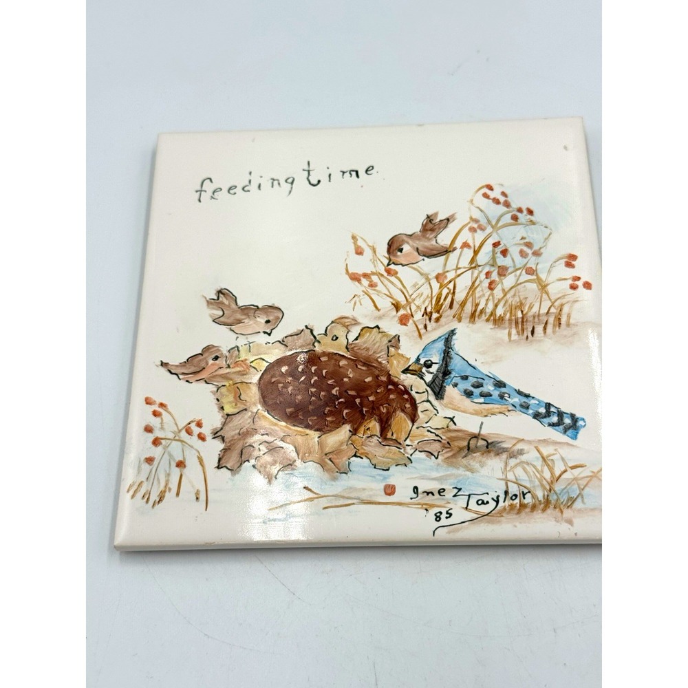 Unmarked 6x6 Ceramic Decorative Tile 1985 Birds Feeding Time Signed Glossy